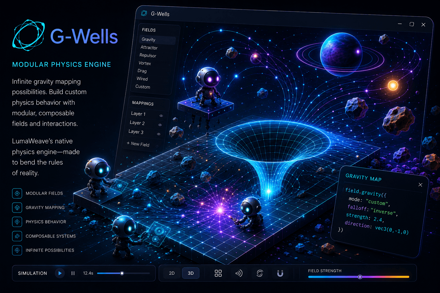 G-Wells — Modular physics engine with gravity fields, attractors, repulsors, and configurable force mappings